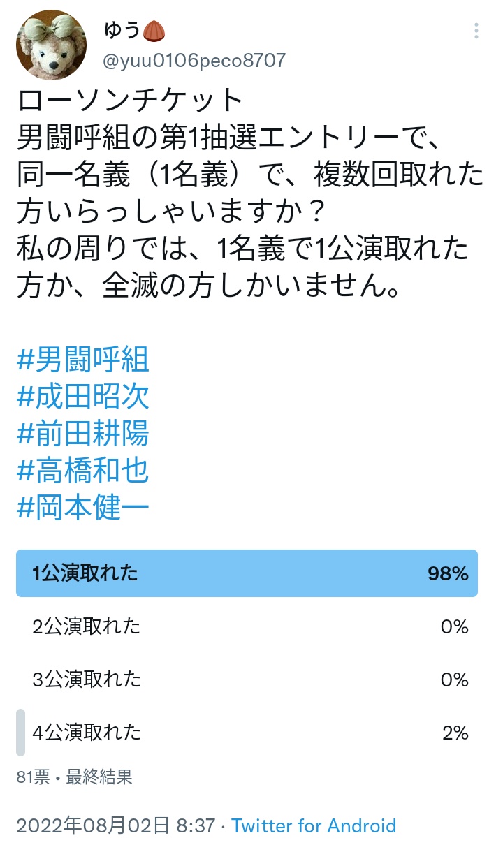 ゆう 今日から 男闘呼組pg３次先行 未だ当選せずですが エントリーします ローソンチケットで いろんなチケット取っているのにな 今週末もローソンチケットで取ったの見に行きます いい加減 当選メール見たい まだ 残っているのかな 男闘呼
