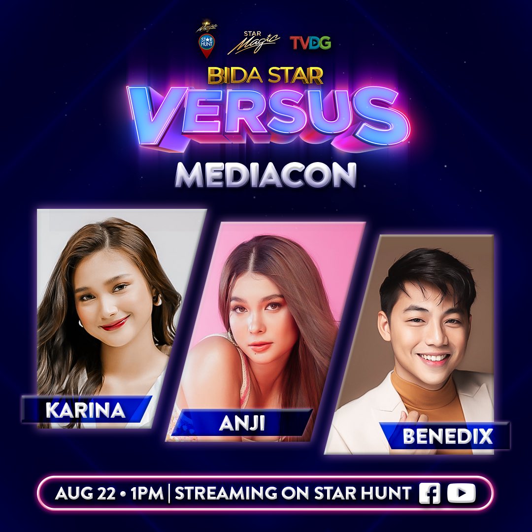 starhuntabscbn's tweet photo. Join Bida Star Versus hosts; @MissKareee @anjisalvacion and @BenedixRamos today at 1PM on #BidaStarVersus Mediacon! Streaming live on Star Hunt’s Facebook and Youtube Channel! See you there! ⭐️ https://t.co/vuzNpxU4Jy
