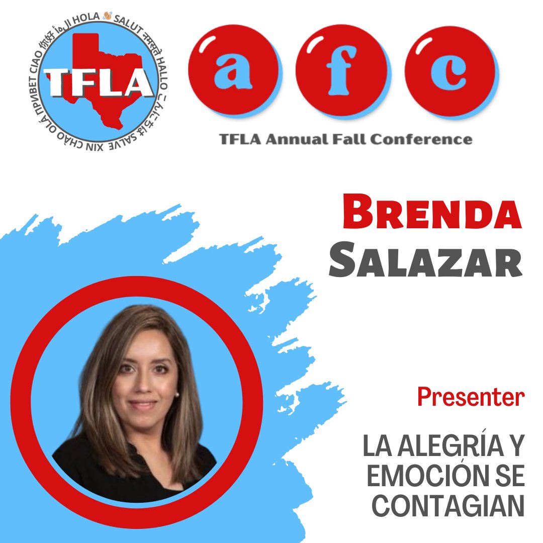 TFLA_Tweets's tweet photo. We are so excited that Brenda Salazar will be presenting her session "La alegría y emoción se contagian" or "Happiness and Excitement are contagious" #TFLAAFC22, Oct 21-22. Register today at https://t.co/wXIKdwQOsS to see this session and many more! 🤩 https://t.co/kBjotaC4Vw