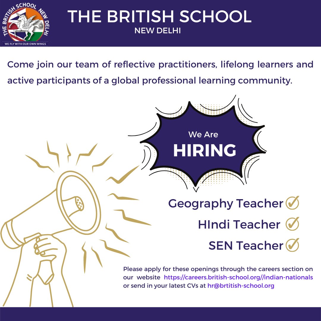 Be a part of the dream team! The British School, New Delhi invites experienced teachers who are familiar with the IGCSE as well as the IB Diploma Programme to apply. #Hiring #JobOpportunities #HiringTeachers #IGCSE #IBDP #NowHiring #ApplyNow #Teachers #DelhiJobs #School