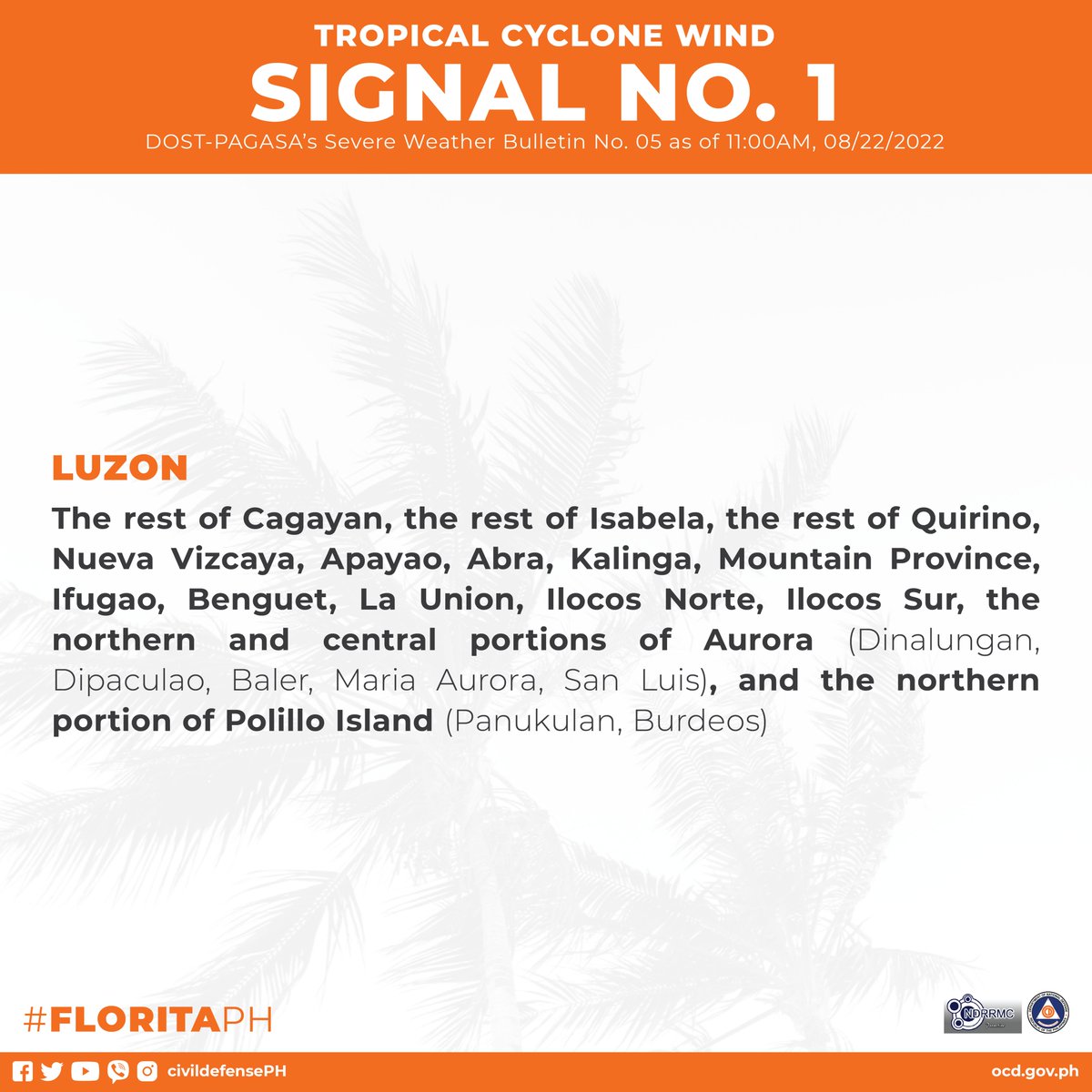 Kasalukuyang nakataas ang Tropical Cyclone Wind Signal sa ilang bahagi ng bansa dulot ng Tropical Storm ‘Florita’.

#FloritaPH #NDRRMC #CivilDefensePH