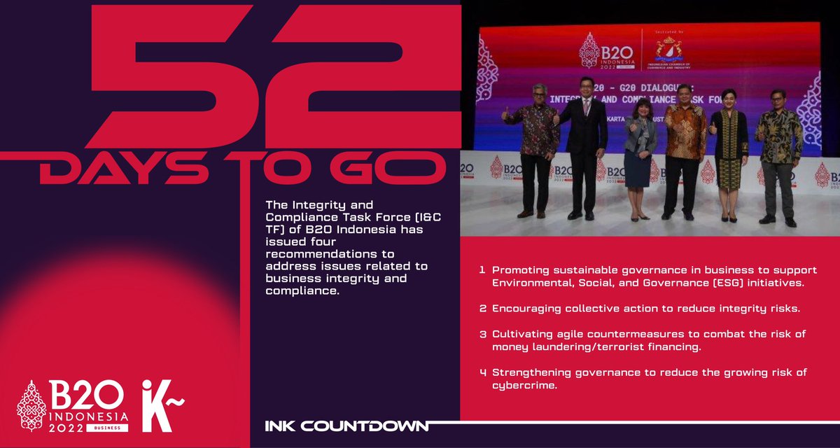 inklusif_kolab's tweet photo. The Integrity and Compliance Task Force (I&C TF) of B20 Indonesia has issued four recommendations to address issues related to business integrity and compliance.
#b20
#h52
#countdownb20
#arsjadrasjid
#inklusifkolaboratif https://t.co/Kh4LsWR8TY