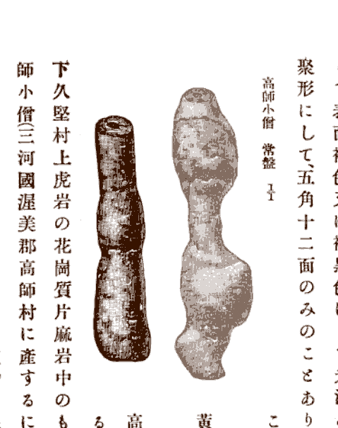 八木貞助『信濃鉱物誌』での高師小僧(三河国高師村の産)の図版。 