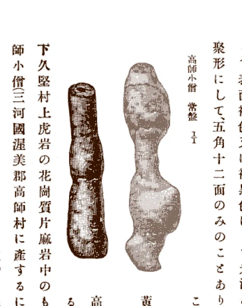 八木貞助『信濃鉱物誌』での高師小僧(三河国高師村の産)の図版。 