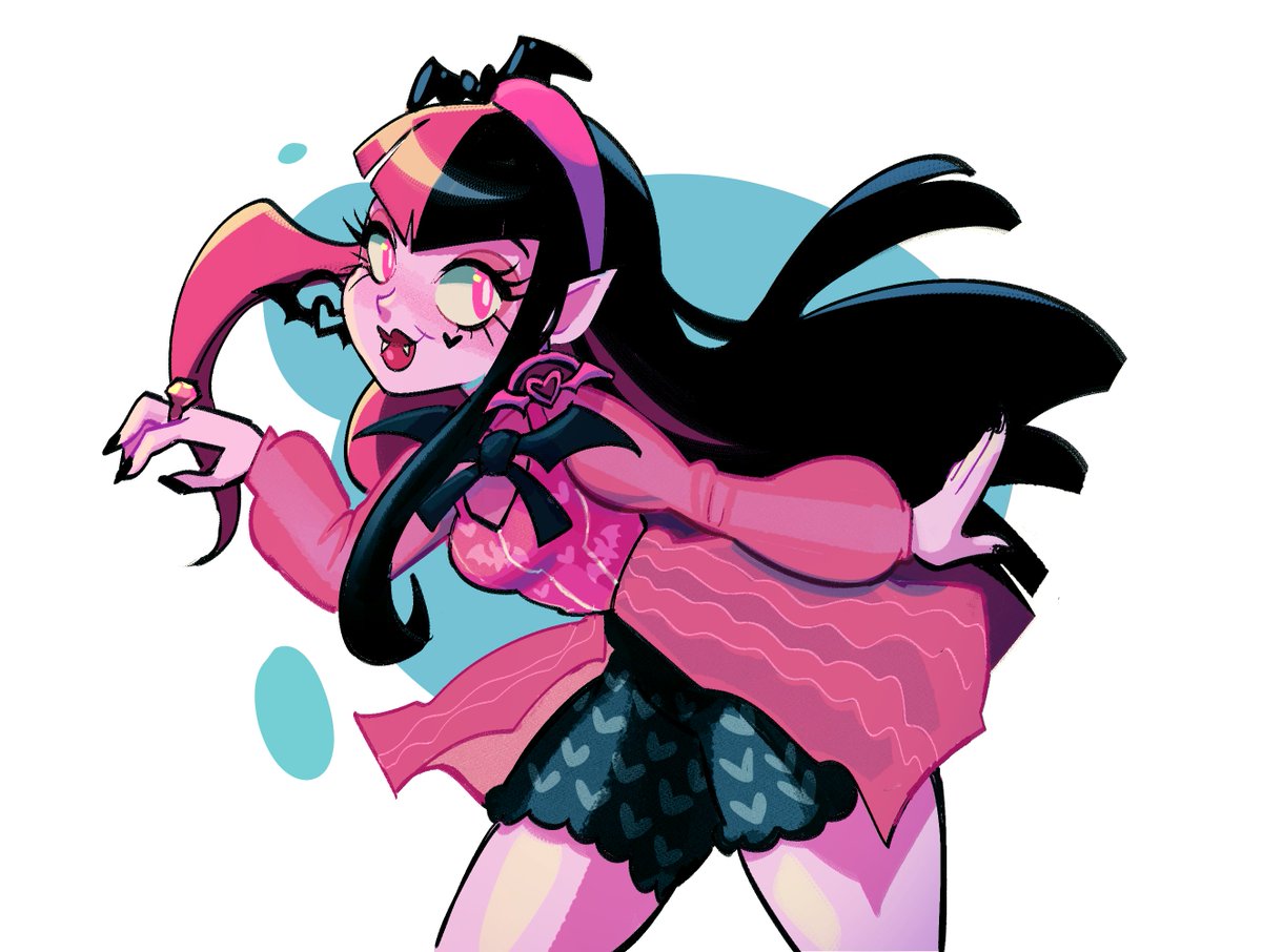 1girl solo vampire black hair fangs pink eyes long hair  illustration images