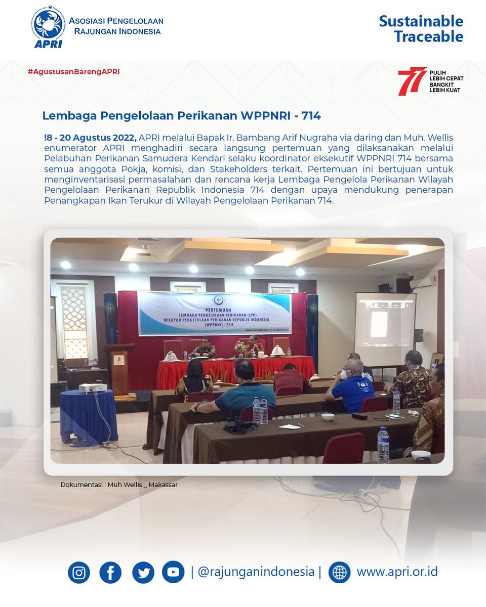 rajunganindo's tweet photo. Pertemuan Lembaga Pengelola Perikanan Wilayah Pengelolaan Perikanan Republik Indonesia 714

Salah satu agenda pertemuan ini adalah menginventarisasi permasalahan dan rencana kerja LPP WPPNRI 714 dengan upaya mendukung penerapan Penangkapan Ikan Terukur.

#WPP714 #APRI #PPSKendari https://t.co/dBbG49DsMk