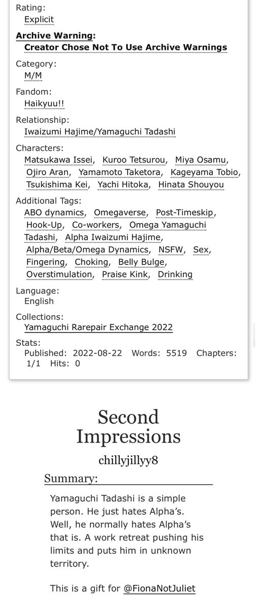 chillyjillyy8's tweet photo. Second Impressions • IwaYama 
nsfw • rated e • 5.5k • omegaverse 

my gift for @FionaNotJuliet for the #YamaguchiRarepairExchange2022 🖤

@yamaexchange 
https://t.co/FwFXXqr8qj https://t.co/XcWzdPrX3m