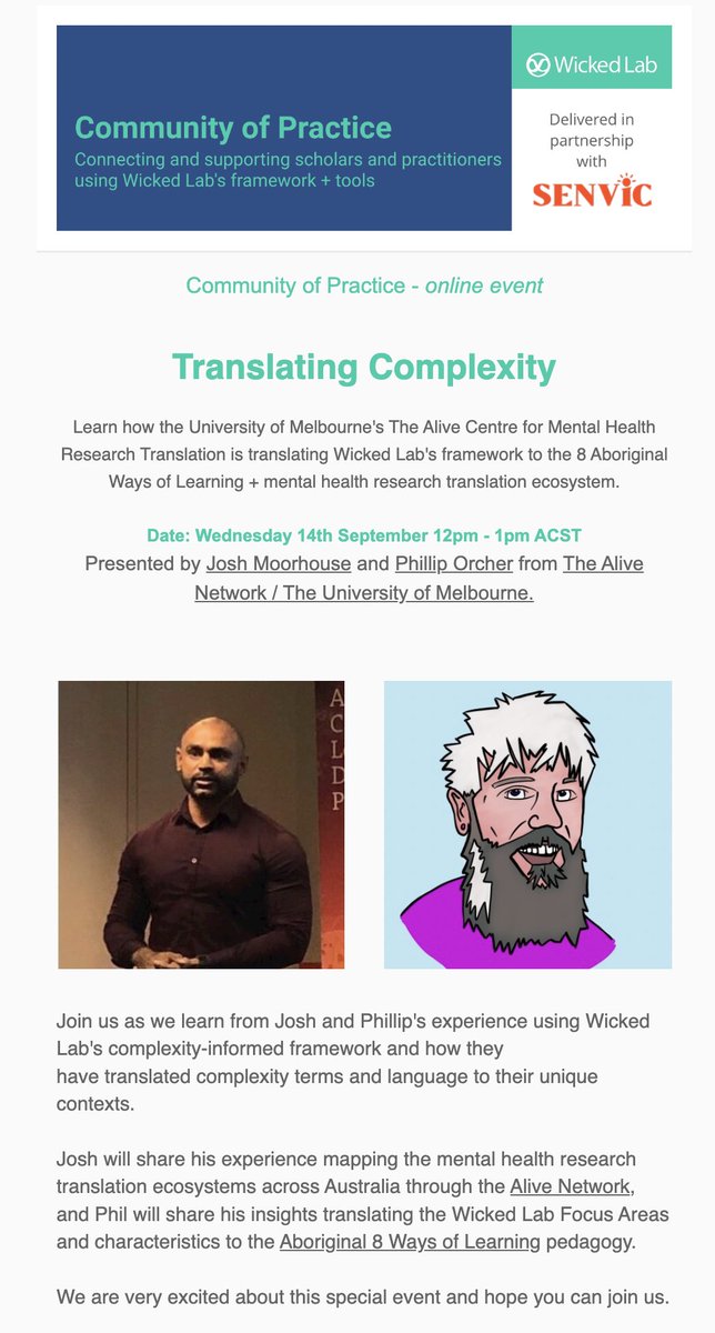 Not to be missed!! @joshmlife &amp; <a href="/PhillipOrcher/">phillip orcher</a> from <a href="/UniMelb/">University of Melbourne</a> @AliveNational discussing <a href="/_wickedlab/">Wicked Lab</a>'s framework, 8 Aboriginal Ways of Learning &amp; the Mental Health Translation Ecosystem. This event is being hosted by <a href="/NickyVgs/">Nick Verginis</a> CEO of <a href="/SENetworkVIC/">SENVIC</a>  lnkd.in/gWCCmtTj
