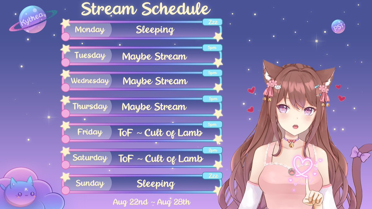 🌸This weeks schedule🌸
I have a busy week, so I may or may not stream on specific days mentioned. If I do I will keep you posted in Twitter/Discord 💕Much love 🫰

#Vtuber #VTuberUprising #VTuberEN #VtuberES