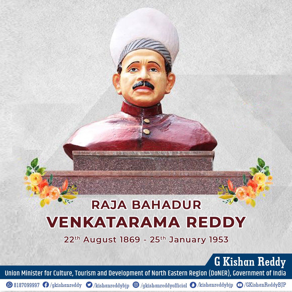 kishanreddybjp's tweet photo. Humble Homage to the first police Kotwal of the State of Hyderabad, Shri Raja Bahadur Venkatarama Reddy Ji on his Birth Anniversary. 

A Police Administrator par Excellence, his social &amp; philanthropic works are deeply inspiring.

 शत् शत् नमन🙏 https://t.co/Wee6GRhDRw