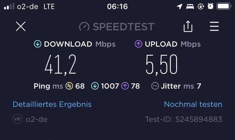 AlphaHostDE's tweet image. Endlich wieder ne vernünftige Leistung im LTE Netz, obwohl sogar im Gebäude und mit nur 2 Balken. Danke @o2cando