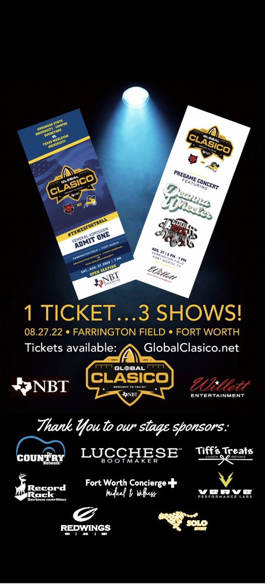 THIS WEEKEND…8.27.22 • 5pm

We’re kicking off the 2022 college football season with a Texas-sized party! The <a href="/GlobalClasico/">Global Clasico</a> pre-game concert will feature @tequilarockrev &amp; <a href="/DWheelerMusic/">Deanna Wheeler</a> followed by the “Ram Walk” then the Mexican and USA National Anthems! 

Game kicks off @ 7!