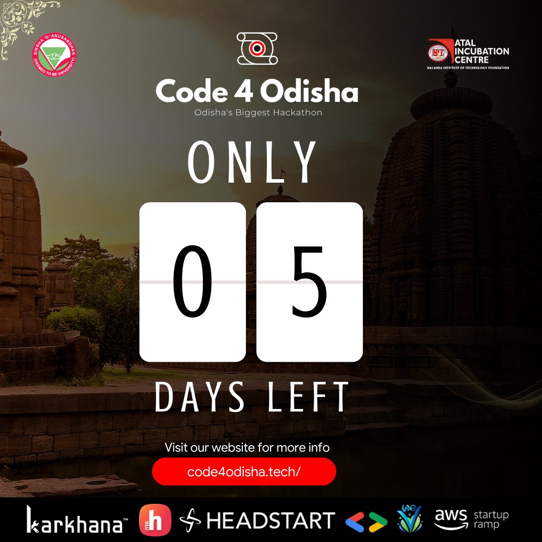 code4odisha's tweet photo. Hello Folks✨
Buckle up and get ready because we are just 5️⃣ days away from Code 4 Odisha.
It awaits lots of learning, fun and interaction for you.

Follow @code4odisha for more updates.

#Code4Odisha
#SOAFabLab #HackClubITER #Hackathon #Hacking #Coding #Events #bhubaneswar #Code https://t.co/9duq1Ct3nK