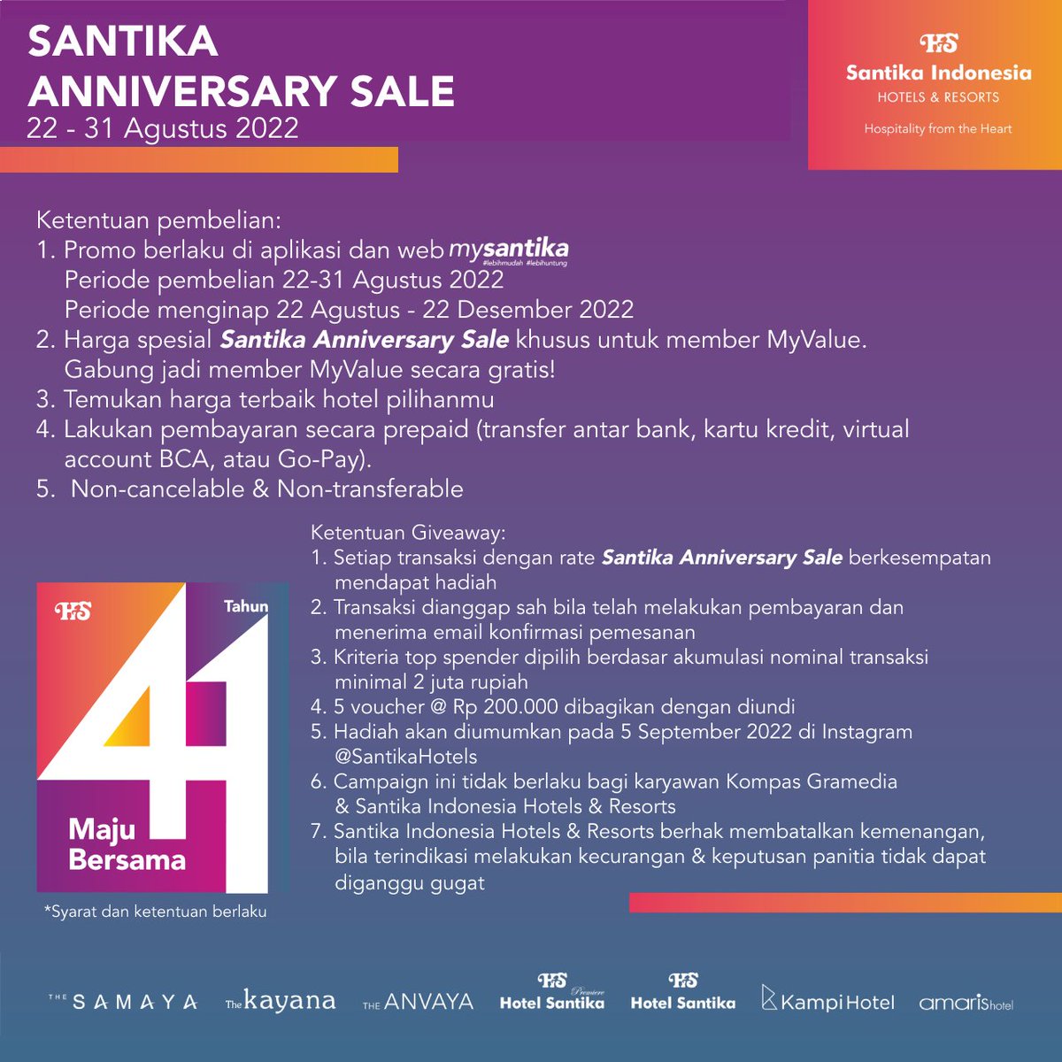 santikahotels's tweet photo. SANTIKA ANNIVERSARY SALE sudah dimulai!
Ini saatnya dapatkan harga mulai dari RP 210.000,-/malam
Eksklusif untuk MyValue member hanya di MySantika dari 22-31 Agustus 2022!

#SantikaIndonesia #AmarisHotel #TheSamaya #TheKayana #TheAnvaya #KampiHotels #SantikaHotels #DiIndonesiaAja https://t.co/USaY6wpP0h