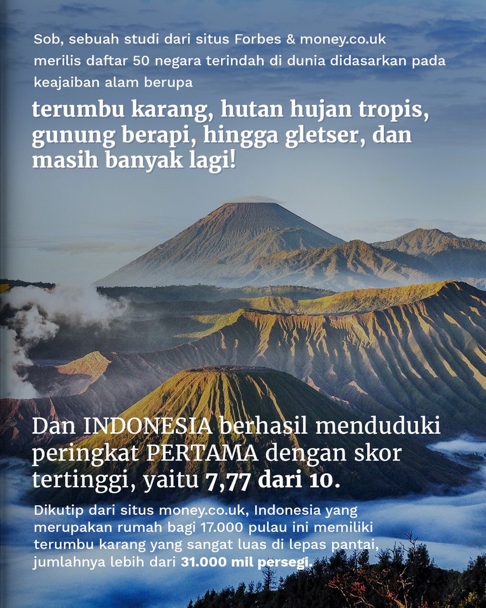 pesonaindonesia's tweet image. INDONESIA dinobatkan jadi NEGARA PALING INDAH DI DUNIA 🌎✨🙌🏻
Peringkat ini disebarluaskan oleh majalah terkemuka di dunia, yaitu FORBES 📰
Dunia aja udah mengakui Sob, ayo tunggu apa lagi? Jalan-jalan #DiIndonesiaAja