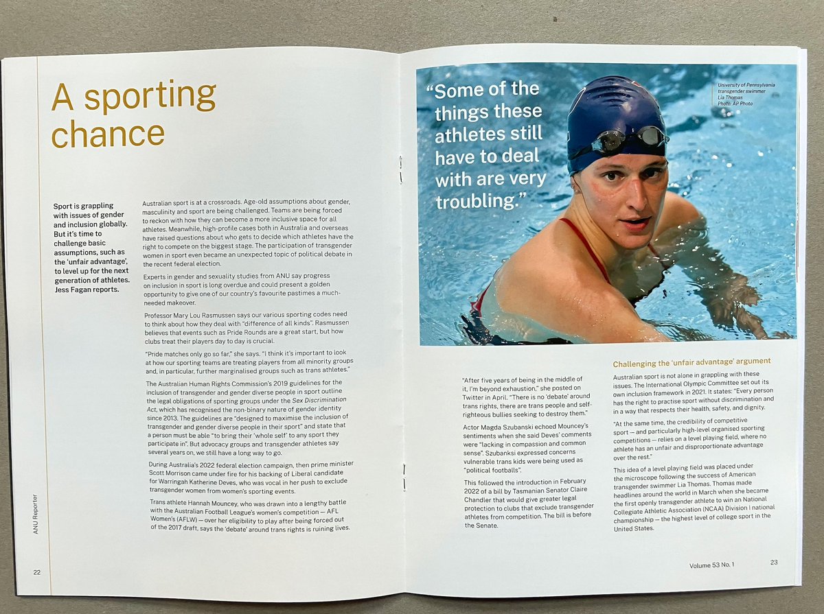 auswoec's tweet photo. ANU Reporter is the ANU's premium research advertising publication. The current centrepiece (see staples) article describes men in women's sports &amp; conflates gender with sexuality. Further back in the mag there is .../2 https://t.co/M3JK4RAt1l