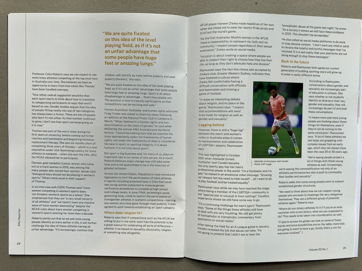 auswoec's tweet photo. ANU Reporter is the ANU's premium research advertising publication. The current centrepiece (see staples) article describes men in women's sports &amp; conflates gender with sexuality. Further back in the mag there is .../2 https://t.co/M3JK4RAt1l
