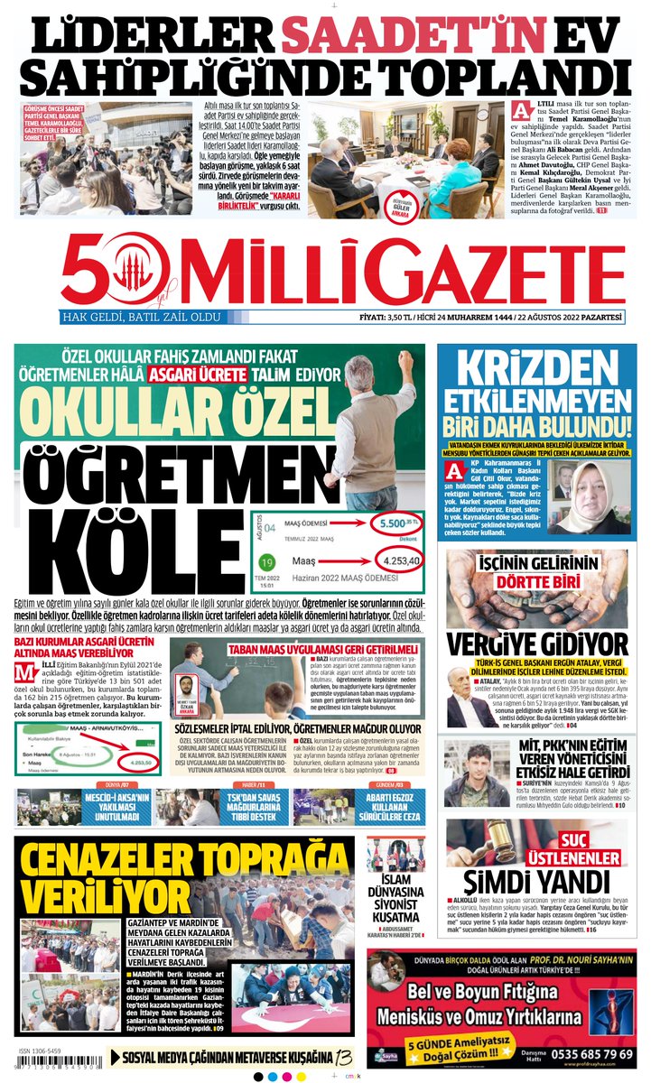 Millî Gazete'nin bugünkü birinci sayfası...
"OKULLAR ÖZEL ÖĞRETMEN KÖLE"

milligazete.com.tr/haber/11675234…