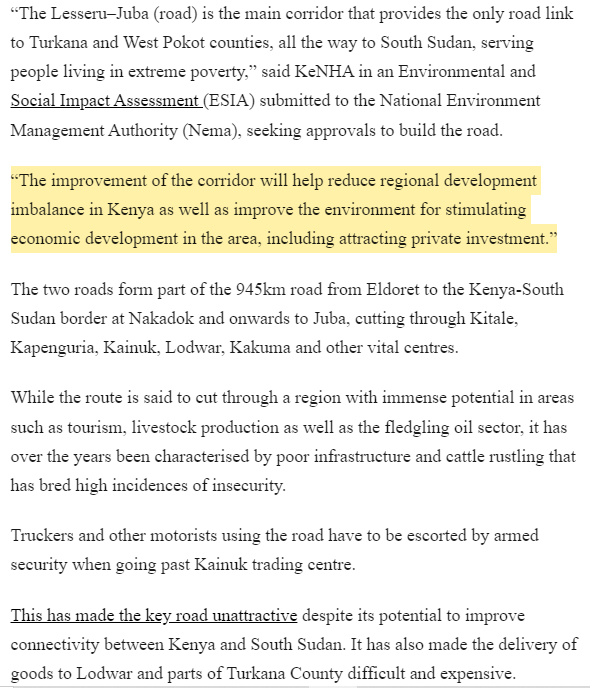 14/14. Two link roads connecting Kenya and South Sudan will cost at least KES 22.6B as KeNHA seeks to open up the northern corridor.

The roads include;
Morpus - Lokichar: 142KM, cost: KES 16B.
Lesseru - Kitale: 55KM, cost: KES 6.6B.

[<a href="/StandardKenya/">The Standard Digital</a>]