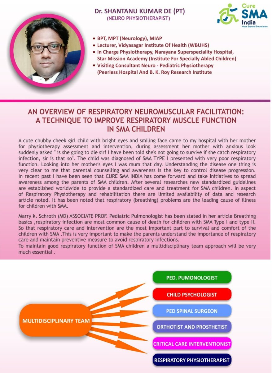 curesmaindia's tweet photo. #SMAawarenessMonth
Today's article is on Neuromuscular facilitation for improving respiratory muscle function by well known neurophysiotherapist Dr. Shantanu Kumar De . Our heartfelt gratitude to Dr Shantanu for this amazing article.
#BattleAgainstSMA
#SMAckSMA https://t.co/qak1eyfLT6