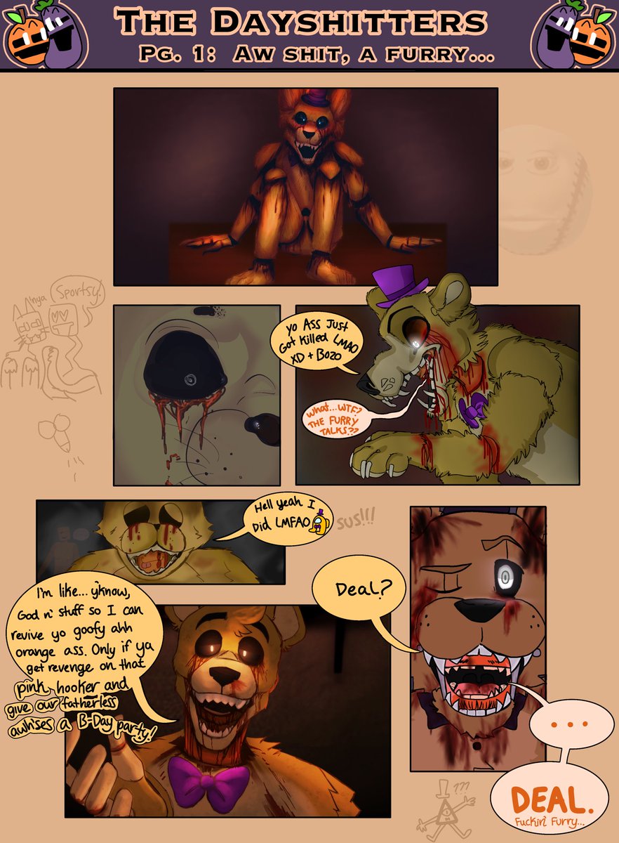 DayshitAtFreds's tweet photo. Killed in his fursuit… we all start somewhere, right…? #dayshitterscomic #dsaf #dayshiftatfreddys https://t.co/WWiLNwimpv