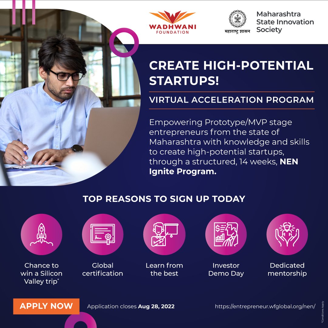 wadhwanif's tweet photo. Inviting applications for our 14-week NEN IGNITE Program for prototype/MVP stage #startups from #Maharashtra
Apply now >  https://t.co/MdvcJthvxS
Why you MUST apply:
- Investor Demo Day
- Global certification
- Dedicated mentorship
#entrepreneurs #entrepreneurship
@MSInSociety https://t.co/v8jtBLpjRi