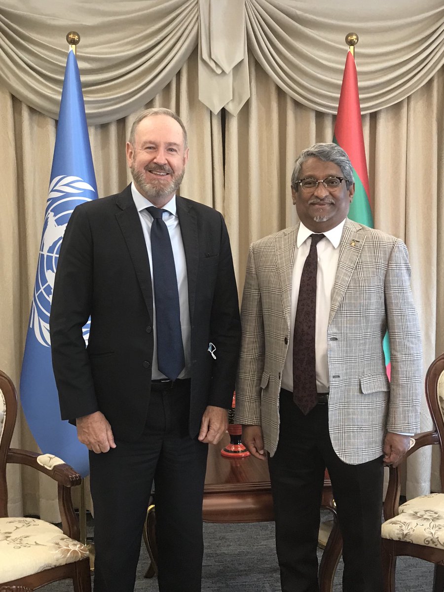 Meeting with the Minister of State #foreignaffairs of #Maldives. Constructive discussion on #UN support for national development priorities in the #UNSDCF 2021-26 : #climate-action #gender #youth and #social-cohesion. Also Technical assistance for presidential #elections 2023.