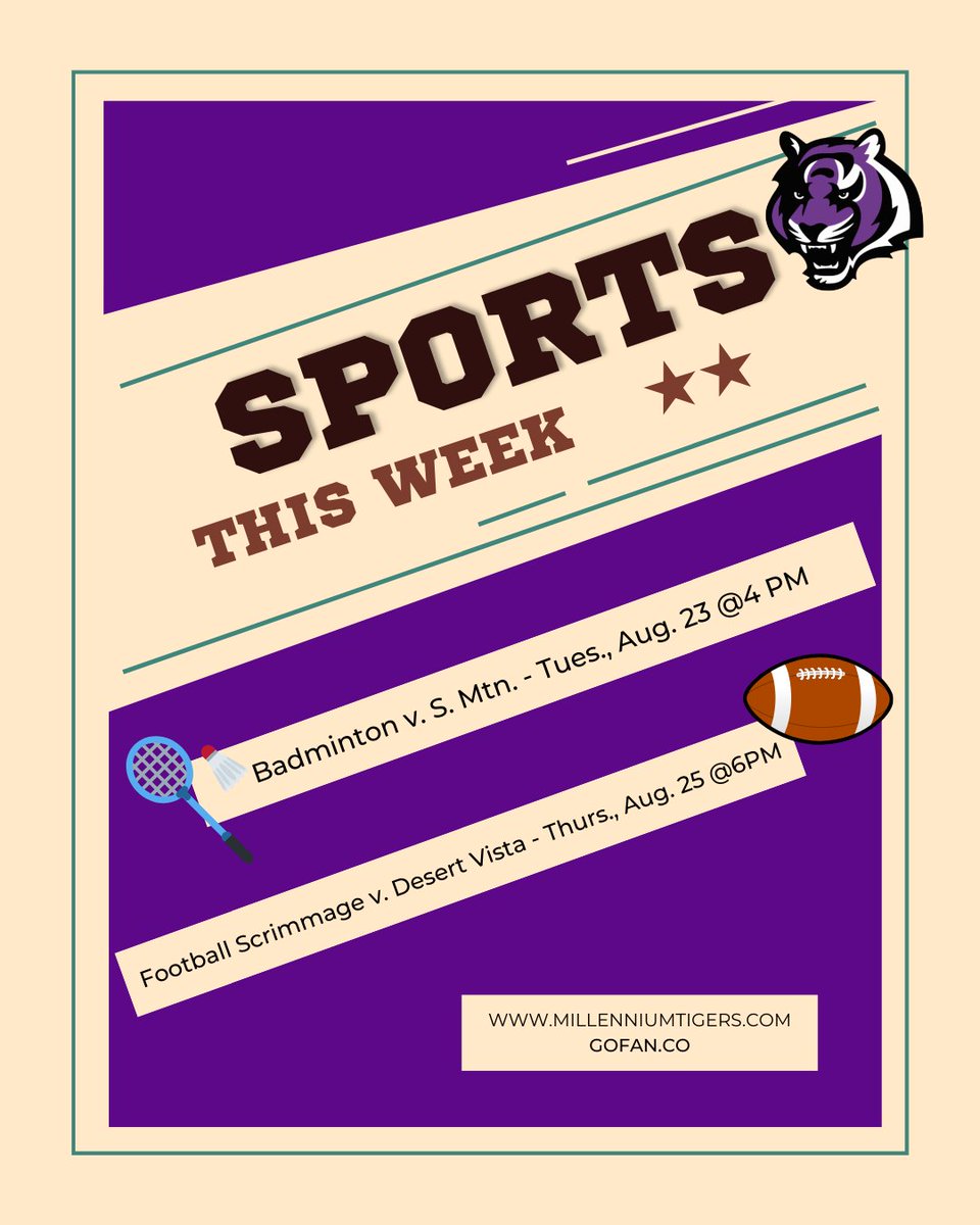 Be sure to catch our sports events this week. Tickets for future events will be avilalbe on GOFAN.CO. 

💜🖤🐯#MHS #MillenniumHS #MillenniumHighSchool #MillenniumTigers #ThisIsMillennium #GoodyearAZ #highschool #CityofGoodyear #AFUHSD #WeHearYourROAR