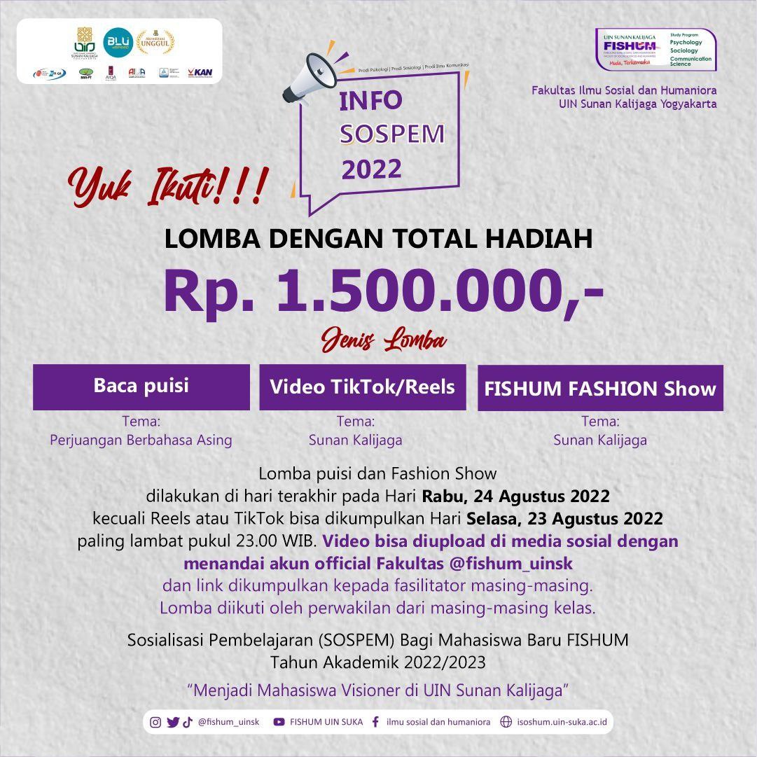 FishumUIN's tweet photo. Info-info ....

Siapkan kelompok kalian Ya.. dan ikuti lomba-lomba yang yang diselenggarakan oleh panitia... Catet ketentuannya..

Tetap semangat ya.. sospem akan dilaksanakan selama 3 hari yakni 22-24 Agustus 2022.

"Fishum Muda, Fishum Terkemuka," https://t.co/f4oBJ4ZBXm