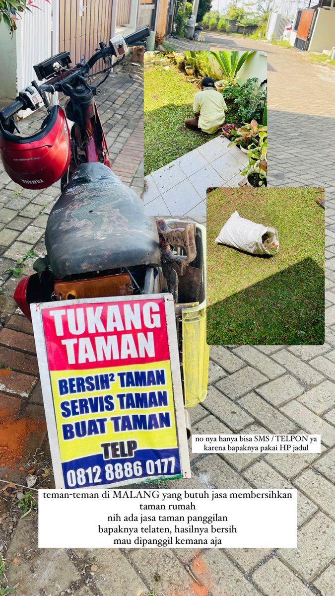 <a href="/infomalang/">Info Malang</a> teman-teman yg di Malang/Batu kalau butuh jasa tukang taman, membersihkan taman/halaman rumah bisa memanggil Bapak ini yaa.
Orangnya telaten dan mau dipanggil kemana aja selama masih bisa.
Semoga menjadi ladang rejeki buat semuanya~