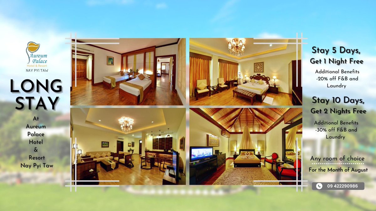 aureum_palace's tweet photo. Hot deals at Aureum Palace Hotel &amp; Resort ;Nay Pyi Taw “Long Stay Promotion”
Stay 5 Days,Get 1 Night Free
(20% off F&amp;B &amp; Laundry).                             
Stay 10 Days,Get 2 Nights Free
(30% off F&amp;B &amp; Laundry)

#aureumpalacehotelandresort 
#naypyitaw#promotion #relaxation https://t.co/jGuWCZotda