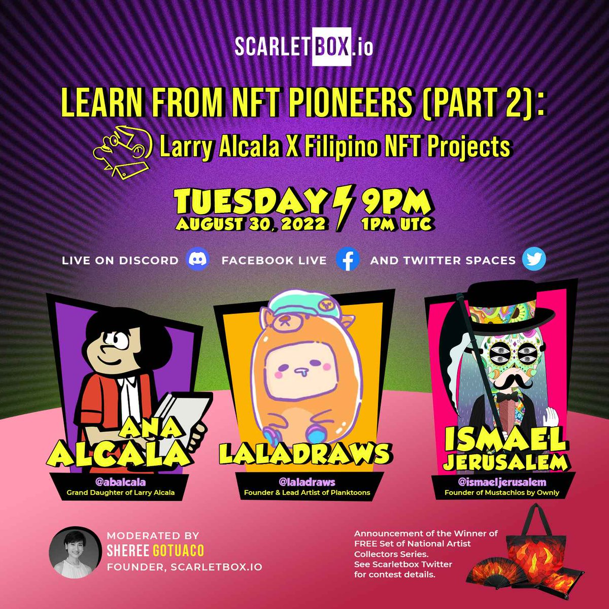 Learn from NFT Pioneers (Part 2): Larry Alcala x Filipino #NFT Projects 🚀

w/:
<a href="/abalcala/">Ana Alcala</a> 
@laladraws | <a href="/PlanktoonsNFT/">Planktoons</a> 
<a href="/ismaeljerusalem/">isma ⚡️🤖</a> | @mustachioverse | <a href="/ownlyio/">Ownly</a> 

Aug 30 | Tues | 9 PM (1PM UTC)
x.com/i/spaces/1MYxN…

Win a set of National Artist merch! ⬇️