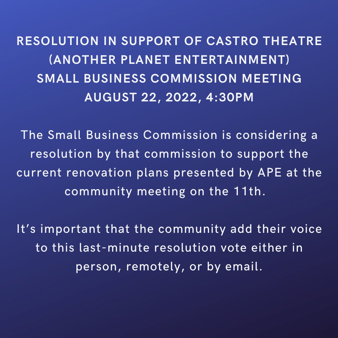 Castrolgbtq's tweet photo. It’s important that the community add their voice to this last-minute resolution vote either in person, remotely, or by email.

Meeting Webex link: https://t.co/EVxp6mFjlR

Public comment by email (please send in advance of the meeting): sbc@sfgov.org https://t.co/cAcUrLVVH6