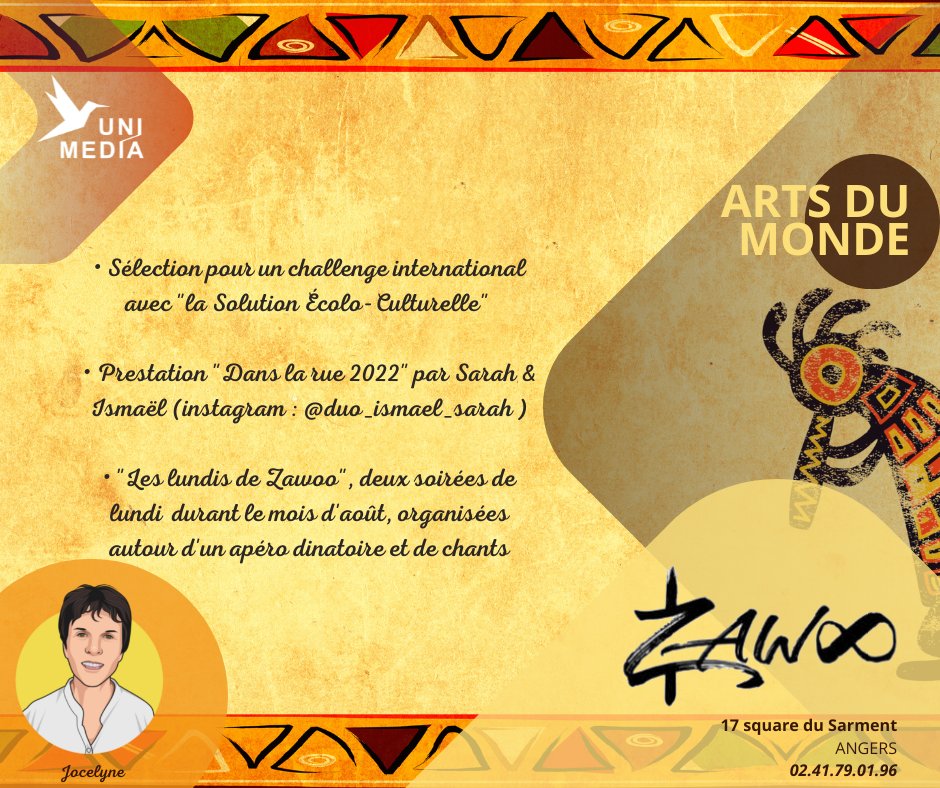 Uni__Media's tweet photo. Unimédia soutient l’association 𝐙𝐚𝐰𝐨𝐨, qui promeut la création artistique et les échanges culturels, dont Jocelyne notre comptable a participé à la création en 2018. 

Cette année l’association a connu des succès importants! 

Plus d’infos par ici : https://t.co/yTdiOqH8Gx https://t.co/yXlh3Zdz58