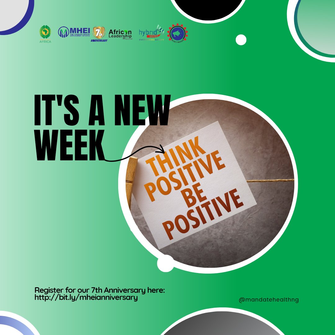MandateHealthNG's tweet photo. Its a new week, expect the best out of today. Be hopeful and joyful! Have you registered for our anniversary? 👉 https://t.co/daeUGohP3I

#MHEI #MHEIAt7 #BeInvolved #MentalHealthMonday #MindMonday #mentalhealthmatters #mentalhealthawareness #mentalhealthsupport #positivethinking https://t.co/zPmoDM3GOy