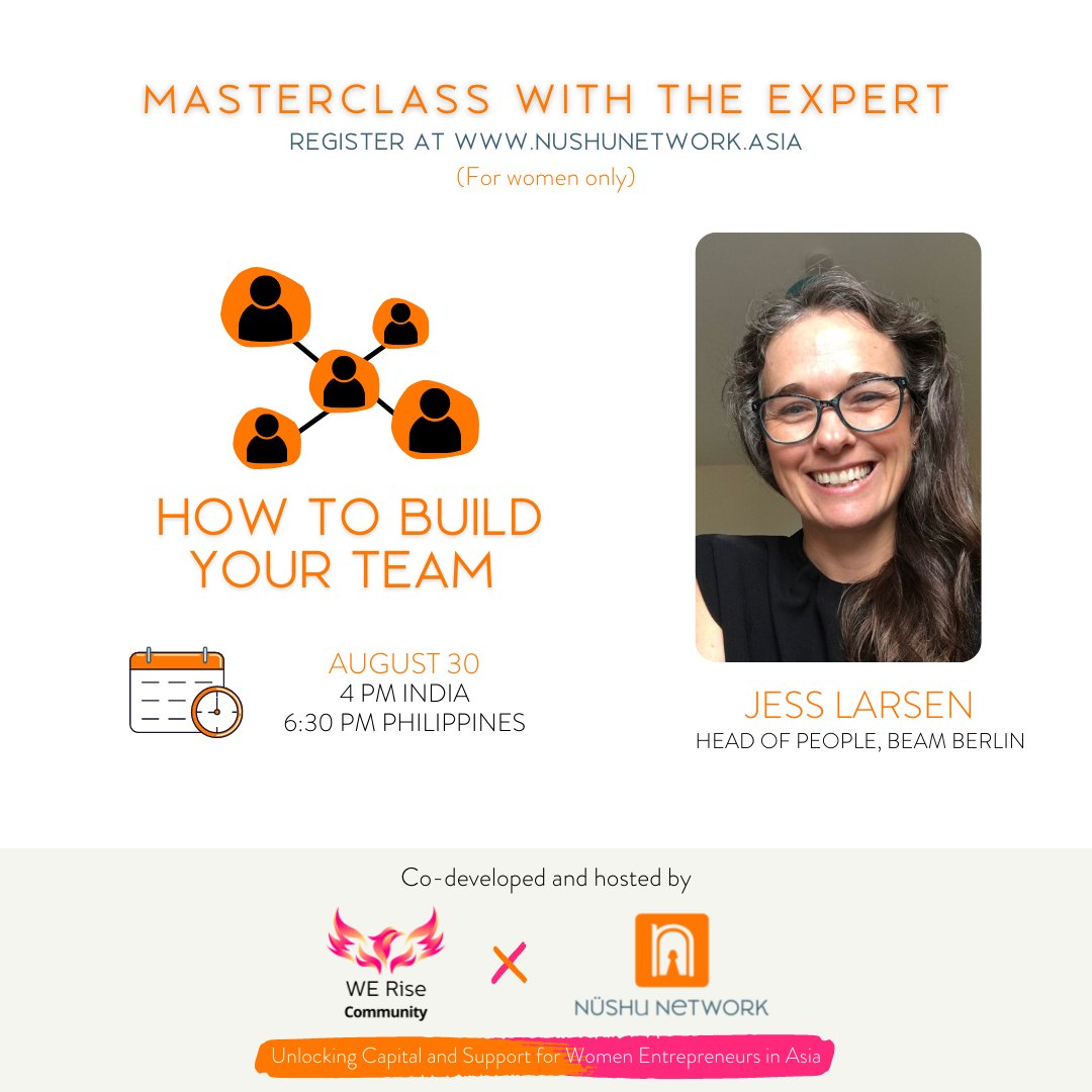 NetworkNushu's tweet image. Building your first team? #masterclassalert
Jess Larsen will discuss the fundamentals of building a team from the ground up, from the founders, the first hires, all the way to growing and evolving them into a high performing and productive team. 
Sign-up: lnkd.in/dXgWSnBZ