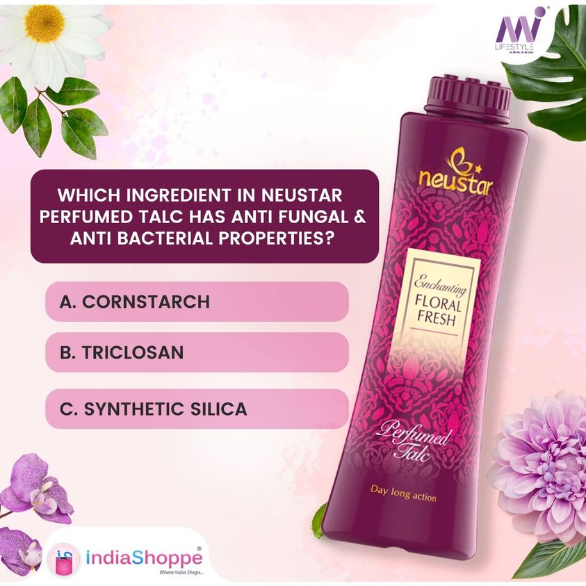 IndiaShoppe's tweet photo. Do you know the ingredient in Neustar talc that helps fight bacteria &amp; fungi? 
Let us know your answer is the comments below👇🏻
#neustar #bodytalc #talcpowder #deodoranttalc #floraltalc https://t.co/2pcgErGSMu