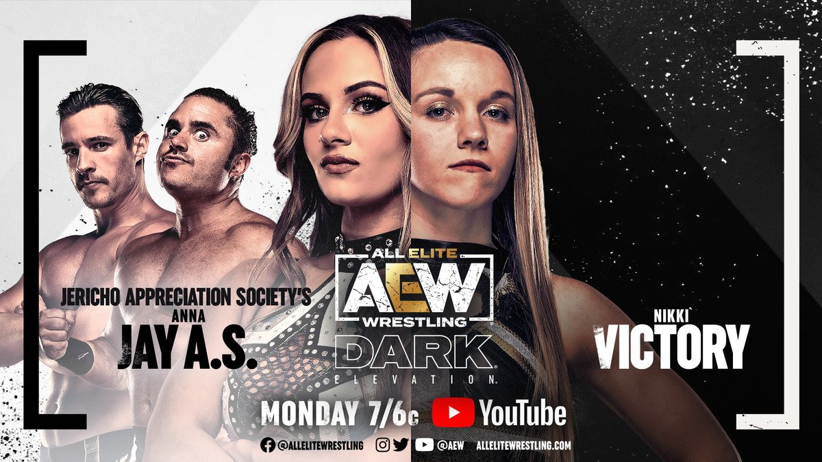 AEW's tweet photo. #AEWDarkElevation is TONIGHT at 7/6c!
▶️ https://t.co/lBSV4sbfpB
-@annajay___ v @NikkiVictory_
-@lucha_angel1 v @JacksonDrake03
-#DarkOrder @silvernumber1+@YTAlexReynolds+@pres10Vance+@EvilUno v @FearTheNephilim+#AlexanderApollo+@TheRCDupree
-@SerenaDeeb v @MeganMeyers31 https://t.co/Uqg0Mjxwxe