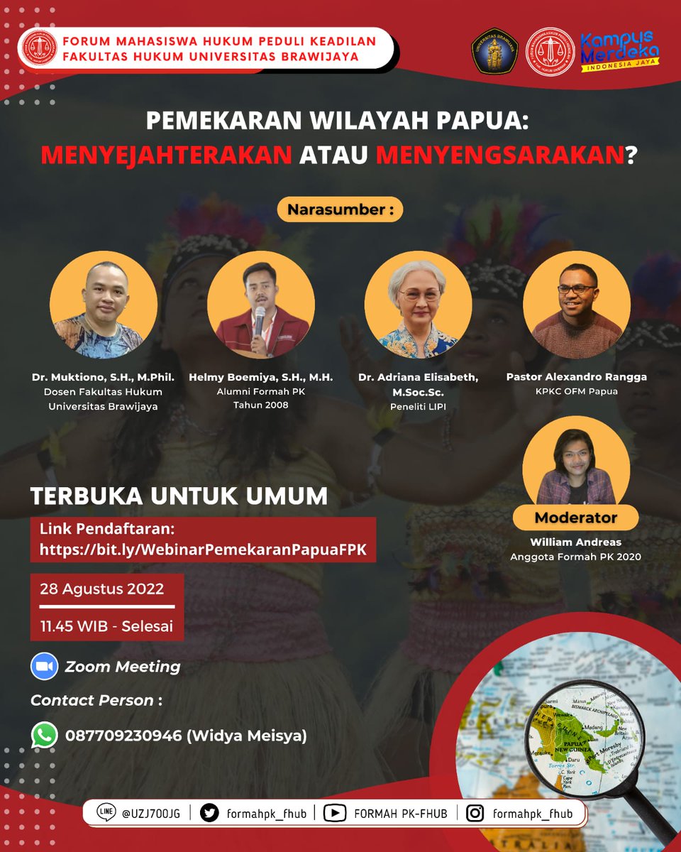 SALAM FORMAH PK!

Webinar Pemekaran Wilayah Papua

📆 Minggu, 28 Agustus 2022
⏰ 11.45 WIB - Selesai
💻 ZOOM Meeting

❗Terbuka untuk Umum❗

Link Registrasi:
bit.ly/WebinarPemekar…
Waktu Pendaftaran : 20-27 Agustus 2022

#WebinarHukum #PemekaranPapua