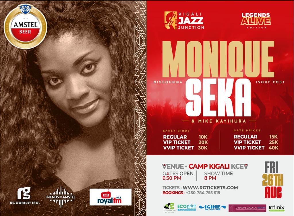 RoyalFMRwanda's tweet image. Performing this Friday the 26th of August at Camp Kigali is Monique Seka the Queen of Afro Zouk🔥🕺💃.  she will share the stage with @MikeKayihura @Neptunez_band and @NepDjs.  Be ready to have a good time. Buy your tickets from rgtickets.com . 
#KJJ #RwOT