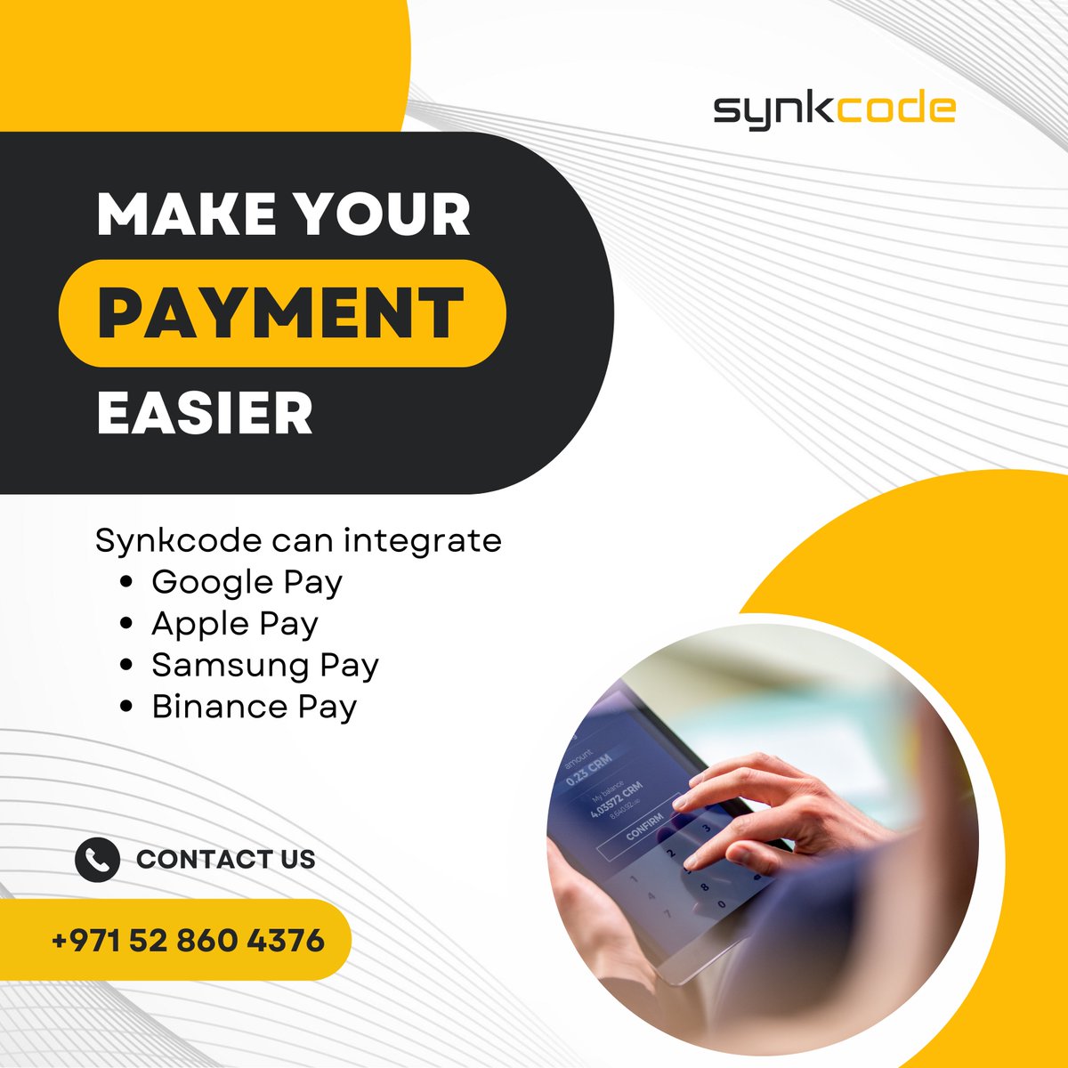 synkcode's tweet photo. Easy Payment for your customers 😉 Synkcode can integrate; Google Pay, Apple Pay, Samsung Pay, and Binance Pay into your website and system. Contact us to know more https://t.co/uDyf3DqykT

#PaymentServiceProvider #Synkcode #BinancePay #GooglePay #ApplePay #SamsungPay https://t.co/IqNmALRzTz