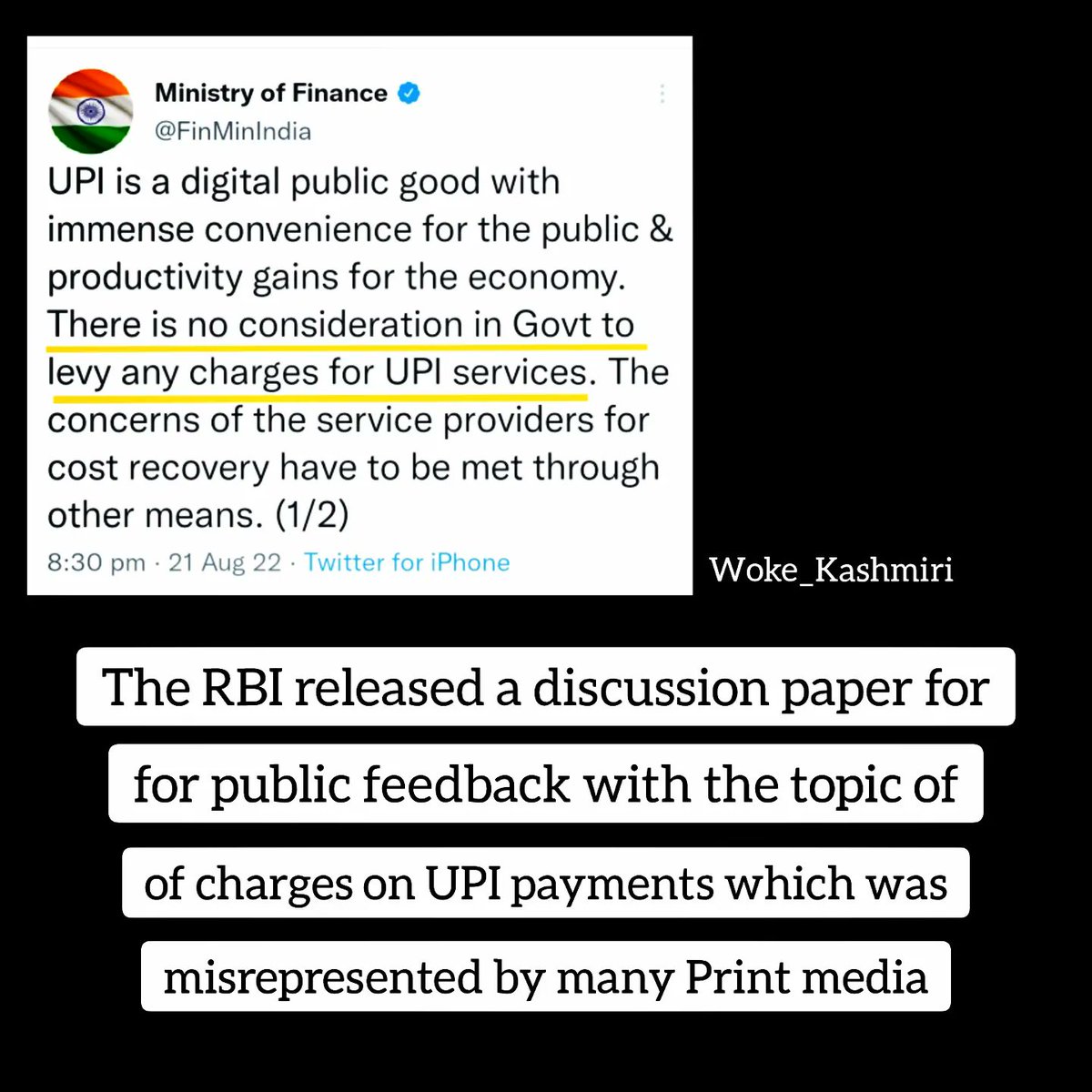 woke_Kashmiri's tweet photo. #UPICharges #UPIpayment #RBI
A discussion paper misrepresented as the RBI instructions for UPI payments. 
READ THE SLIDES FOR FACTS. https://t.co/MRGPSNGkYz