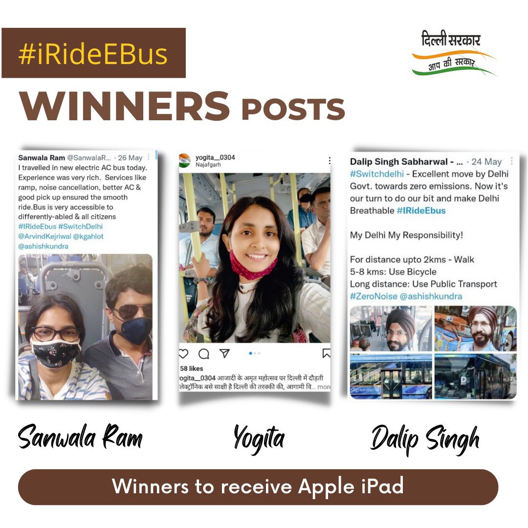 kgahlot's tweet photo. Congrats to our 3 #IRideEBus Campaign winners-@SanwalaRam17, @dalipsabharwal &amp; @Yogitapanghal!

These green mobility champions chosen by a 3 member Committee, will receive their #AppleiPad as promised on 25 Aug 22 at Delhi Secretariat.
I thank all who took part in our campaign! https://t.co/GpwHdu9VK3