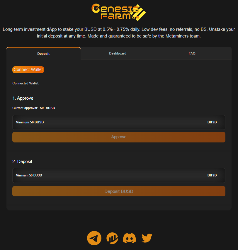 We are happy to announce the website of BUSD Genesis Farm V2 🎊

🌐busdV2.thegenesisfarm.com

With V2 we want to provide a safe dApp for everyone to stake their BUSD in the most safe and reliable way possible.