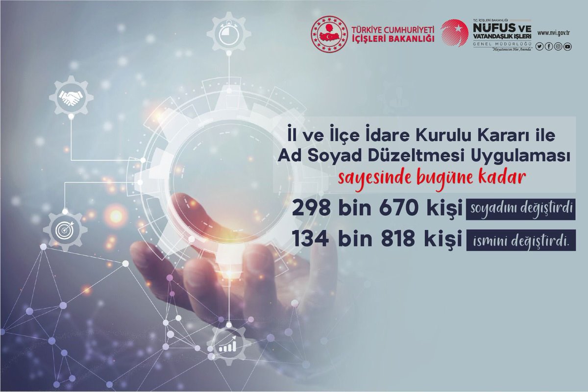İl,ilçe idare kurullarınının kararıyla mahkeme kararı olmaksızın kanunun verdiği çerçevede  isim ve soyisim değişikliği imkanından faydalanabilirsiniz. Yeni haftaya Bismillah <a href="/TCNufus/">Nüfus ve Vatandaşlık İşleri Genel Müdürlüğü</a> #HayatınızınHerAnında
