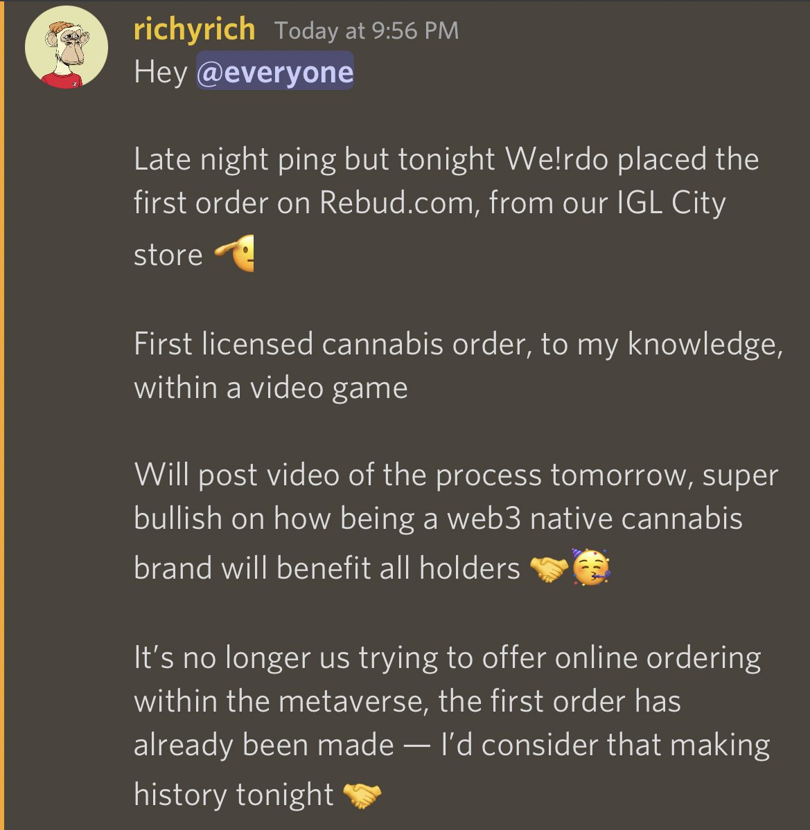 ApeGeneral_'s tweet photo. This is what it’s about, pushing the space forward, connecting web3 to Irl , &amp; utility all in one!!! IM BULLISH AS HELL!!! Let’s go!! @richyrich @Rebud_CEO @RebudNFT @HalfBAYCD 👏🏽👏🏽👏🏽 

&amp; on that note imma roll another one up ahaha https://t.co/0cldfYO8Oh
