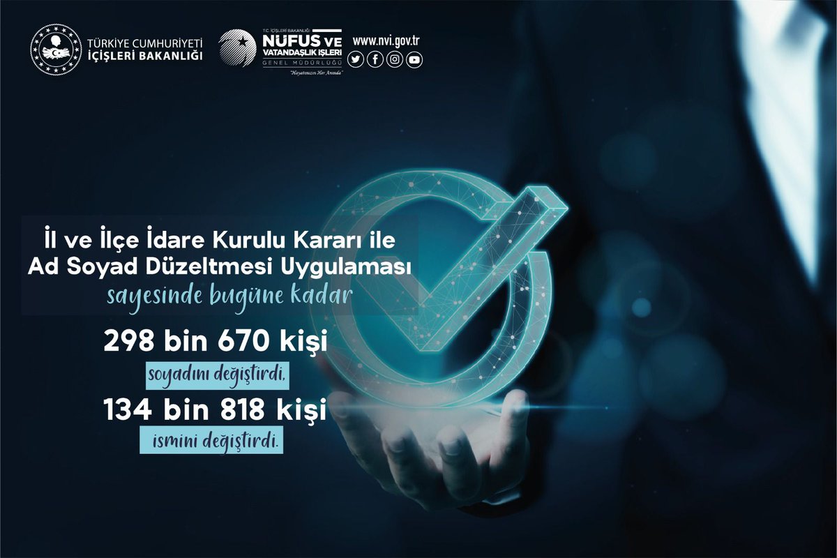 ✅Genel ahlaka uygun olmayan
✅Gülünç olarak değerlendirilen
✅Yazım ve imla hatası olan

Ad ve soyadı değişikliği başvurularınızı 24 Aralık 2022 tarihine kadar, e-devlet aracılığıyla veya yazılı olarak ilçe nüfus müdürlüklerine 
yapabilirsiniz❗

#HayatınızınHerAnında