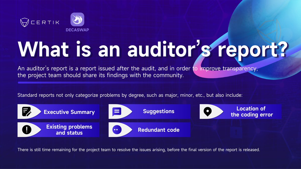 Deca_dao's tweet photo. -----CERTIK x DECASWAP-----
What is an auditor’s report? 📋
After the audit, an auditor’s report will be issued. 
For the purpose of transparency improvement, the project team are responsible for share findings, and evaluating any recommendations with the community.

#Decaswap https://t.co/U2AbCqSbmW
