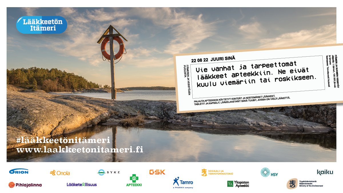 Lääkkeetön Itämeri -kampanja alkaa jälleen! Kampanjan viesti on yksinkertainen: vie vanhat ja tarpeettomat lääkkeesi apteekkiin, älä huuhdo niitä viemäristä alas tai laita lääkkeitä roskiin. ym.fi/-/laakkeeton-i… 
#lääkkeetönitämeri #Itämeri #lääkkeet #apteekki