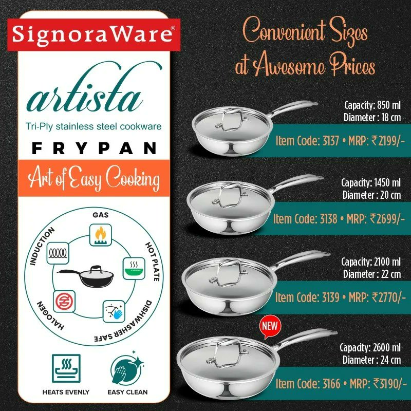 SignoraWare's tweet photo. The most premium cooking experience with Signoraware Triply Cookware Range
Artista Frypan available in convenient sizes
#signoraware #triplycookware #triplyfrypan #triply #frypan #signorawarefrypan #cookware #signorawarecookware #kitchen #3layercookware https://t.co/AiVhyJlB5m